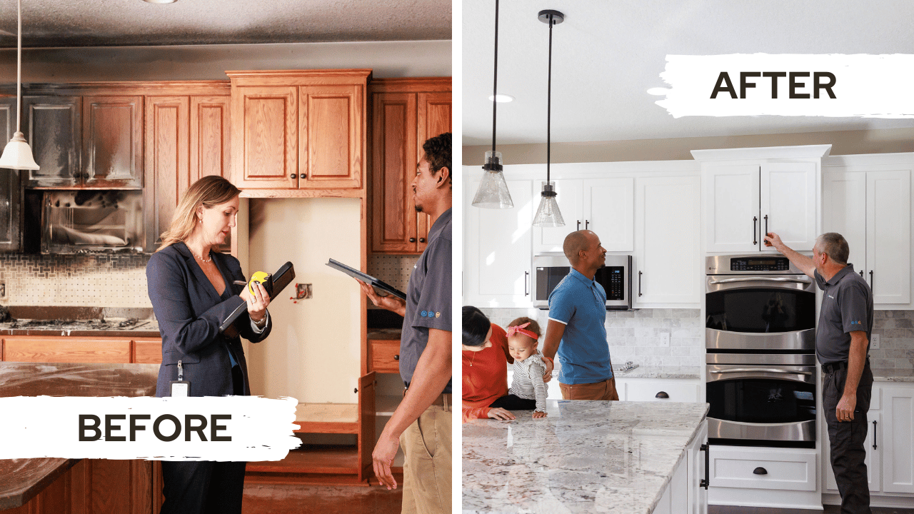 before and after fire damage to customer's home